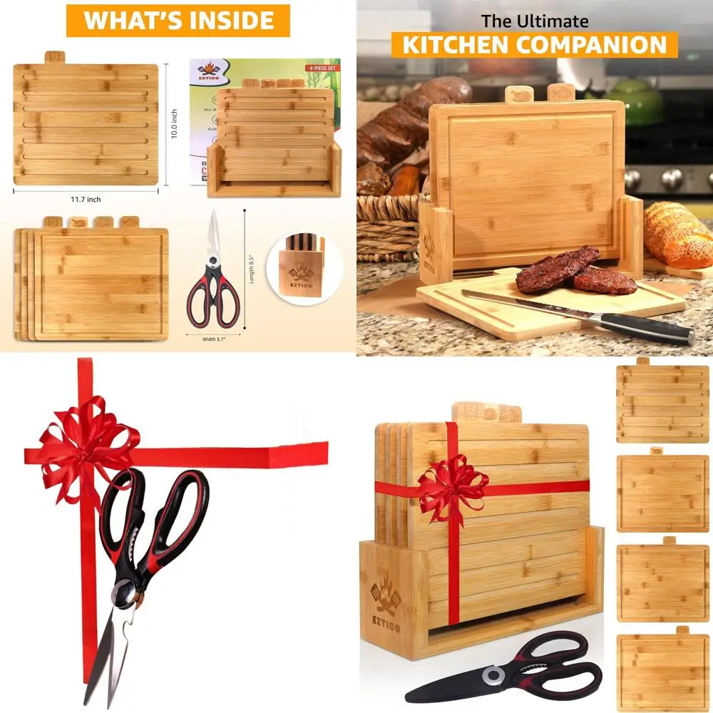

Bamboo Charcuterie Board Set with Premium Scissors - 4-Piece, Ideal for Chopping, BPA-Free, Essential Kitchenware 2025