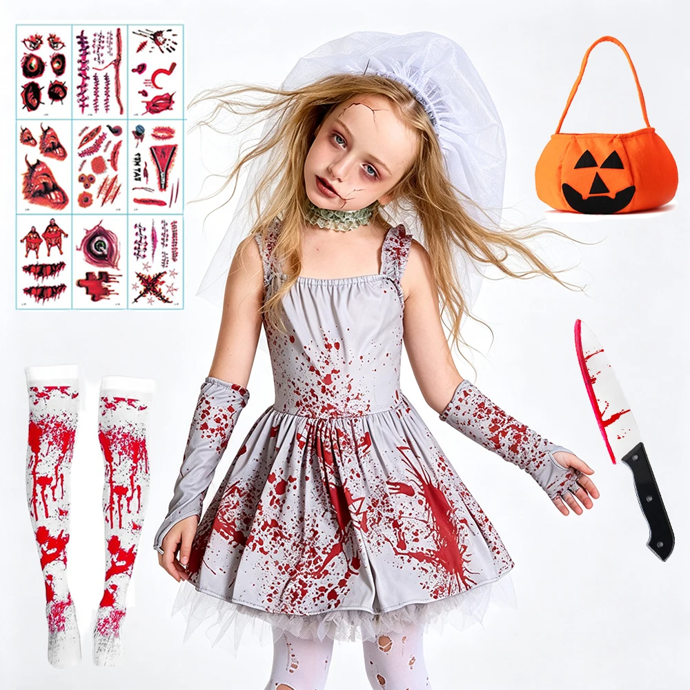 Halloween Party Girls Zombie Bride Costume Gothic Kids Bloody Dress with Head Veil Gloves Scary Ghost Outfit for Trick or Treat