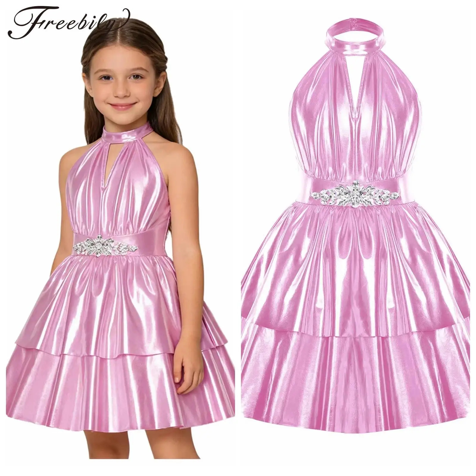 

Children's Music Festival Dance Costume Birthday Dress Elegant Girl Halter Jazz Streetwear Metallic Shiny Disco Party Gown