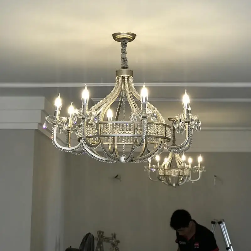 American LED Crystal Chandeliers Vintage Silver Living Room Dining Room Pendant Lamp Household Bedroom Retro Chandelier Lighting