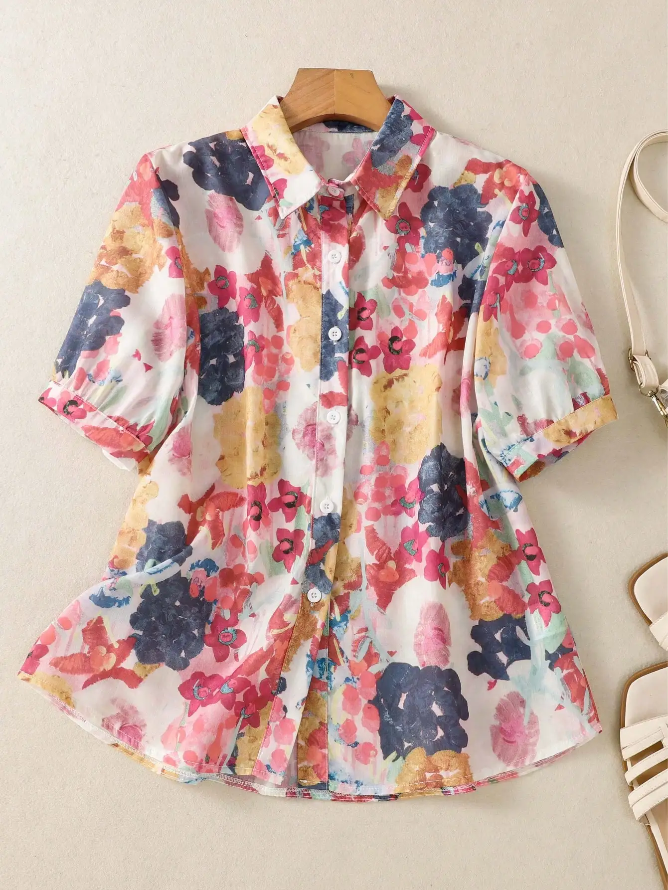 

Women's Floral Print Loose Turn-Down Collar Button Shirt Casual Short Sleeve Blouse