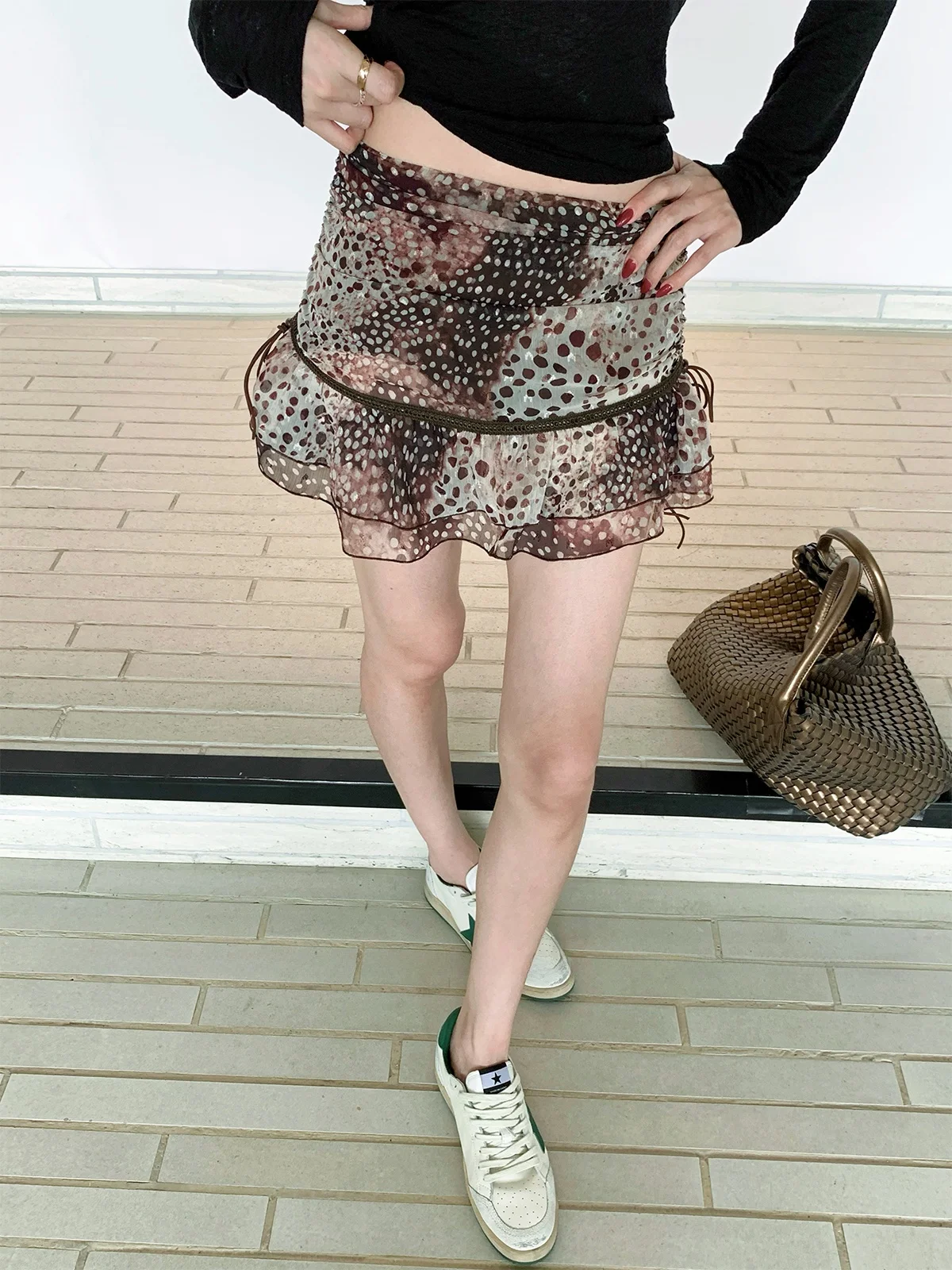 

Летняя женская юбка миди с принтом в горошек и леопардовым узором, из шифона, двухслойная, расклешенная, утягивающая, со средней талией, коллекция 2026