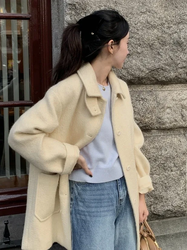 

Ele Autumn Winter Woolen Coat with Button Collar Large kets Chic Vintage Sle Commute Loose Fit Long Sve Coat
