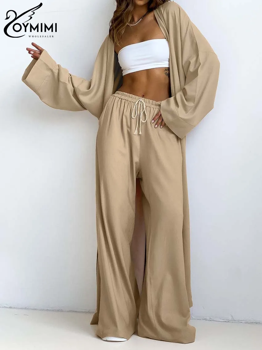 Oymimi Elegant Khaki 2 Piece Sets Women Outfit Casual Long Sleeve Loose Robe And Drawstring Full Length Trousers Sets Homewear