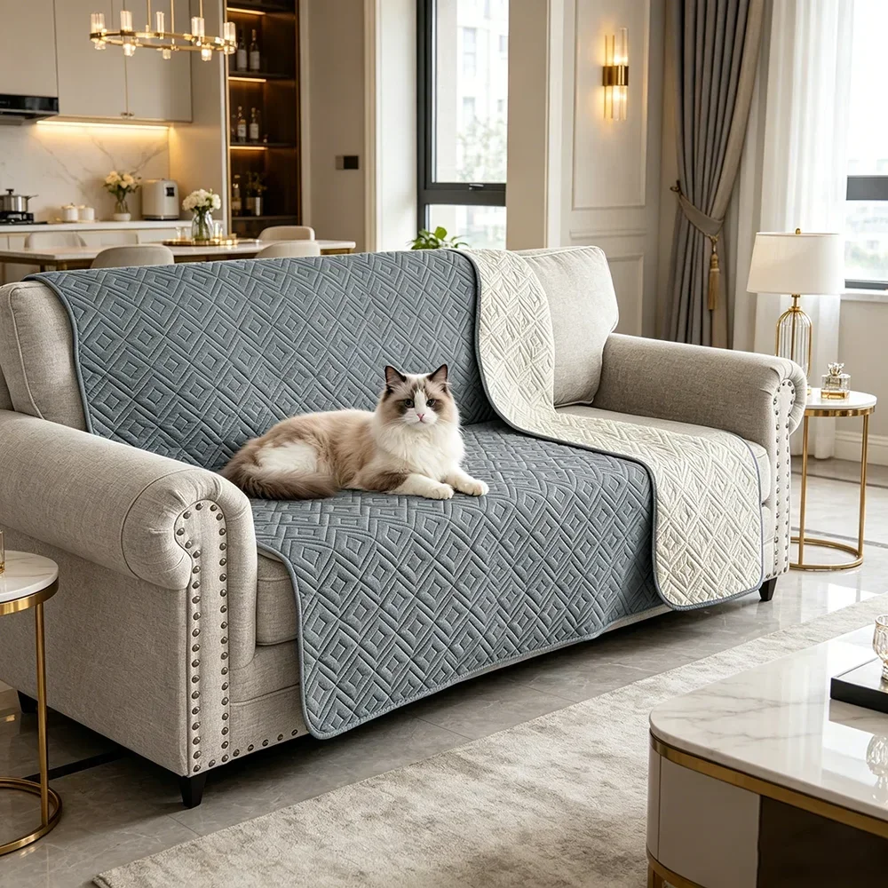 Quilted Pet Cover Anti-scratch Waterproof Protector for Couch Bed Washable Multi-use Mat Cat and Dog Sofa Cushion Gray