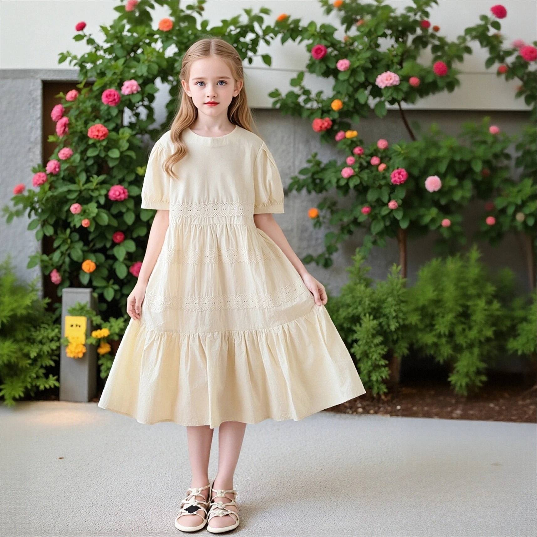 

Girls Beige Lace Trim Tiered Midi Dress Puff Sleeve Cotton Elegant Princess Dress Kids Summer Casual Holiday Wear Daily Outfit