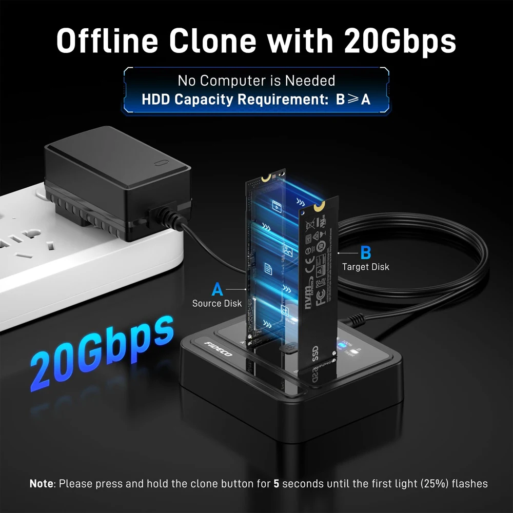 FIDECO SATA NVMe SSD Cloner Dual-Bay M.2 NVME SSD Enclosure Tool-Free Type-C 20Gbps Hdd Docking Station Supports Offline Clone ﻿