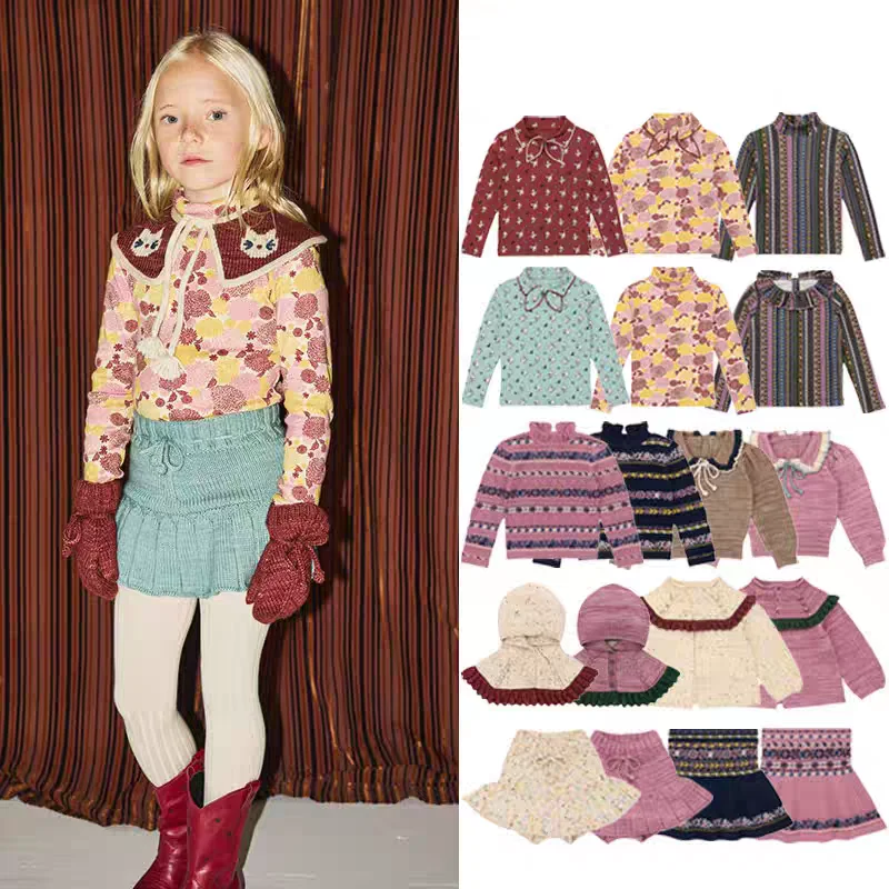 

Вязаный свитер для девочек 2025, зима, Новое поступление, модная теплая футболка с галстуком-бабочкой и принтом, милый свитер из чистого хлопка с круглым вырезом, вязаная юбка