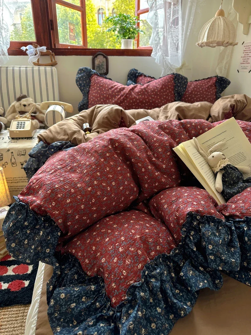 

3/4Pcs Vintage Flower Lace Ruffles Skin-friendly Soft Bedding Set Duvet Cover Bed Sheet Pillowcases