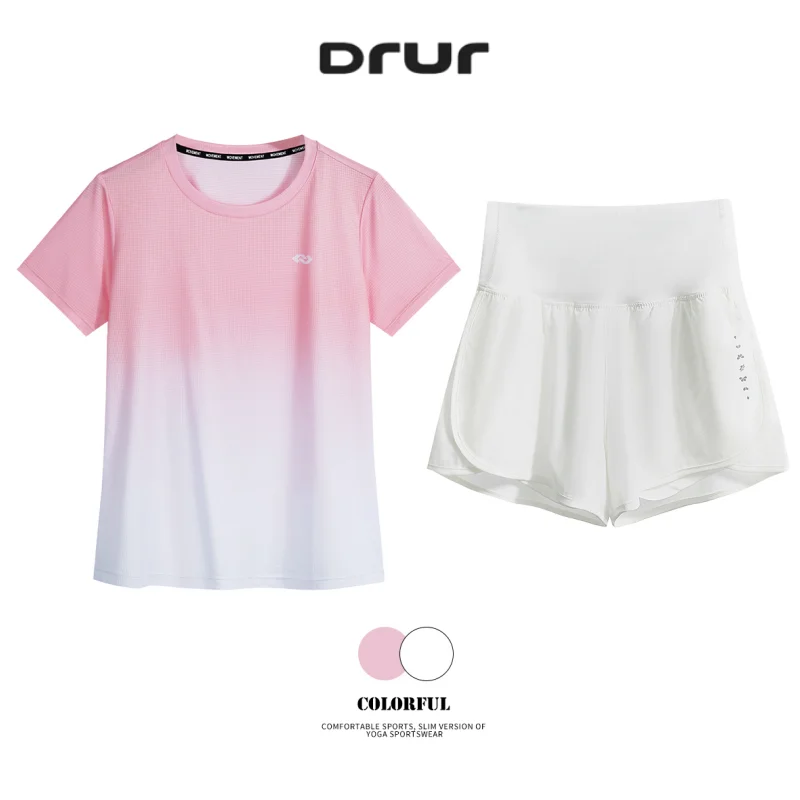 DRUR Women Running Set Quick Dry Loose Workout Outfit 2 Piece Tracksuit Summer Lightweight Gym Top Shorts Suit Badminton Apparel