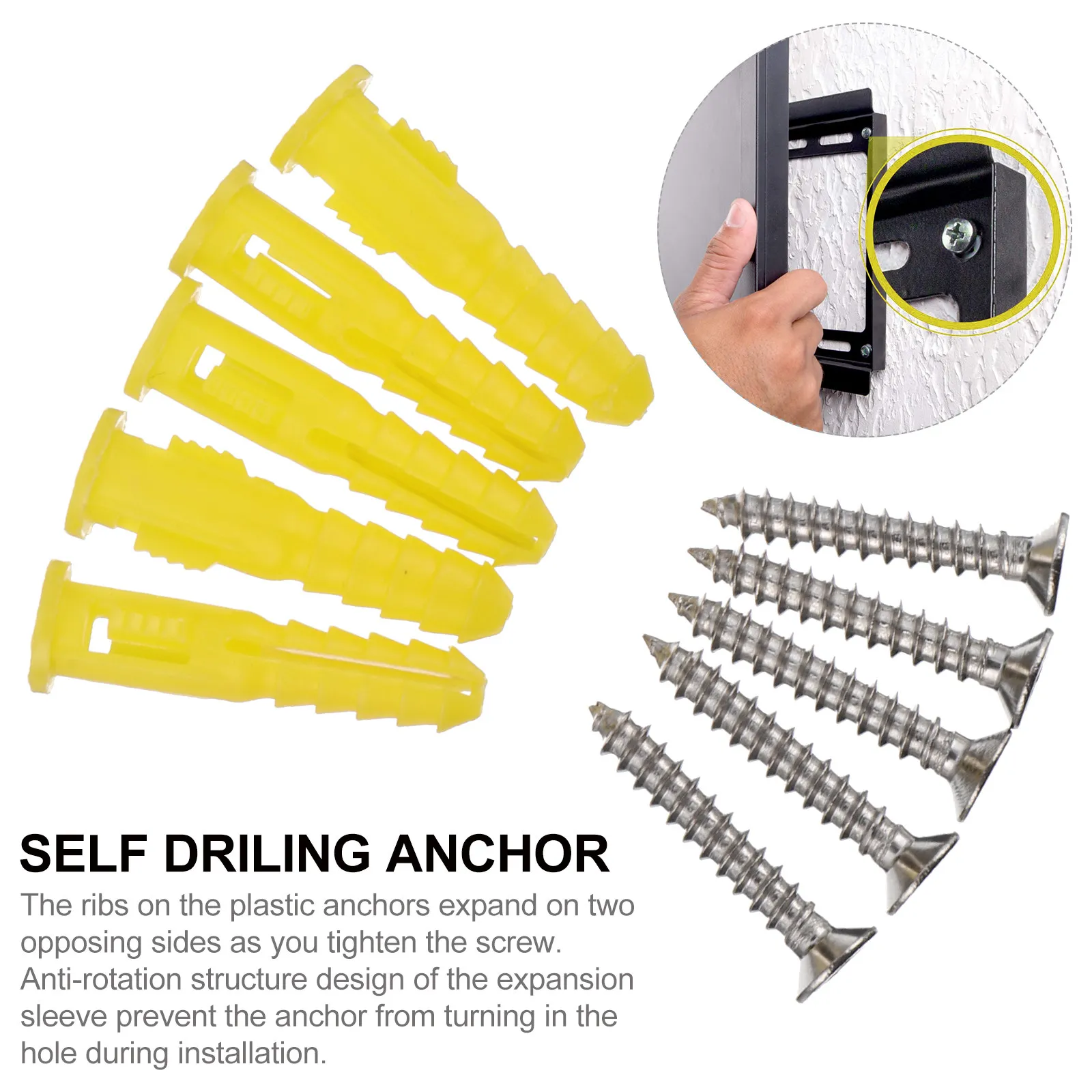 100Pcs Yellow Plastic Ribbed Wall Anchors Self Drilling Drywall Fasteners with Stainless Steel Screws Corrosion Resistant