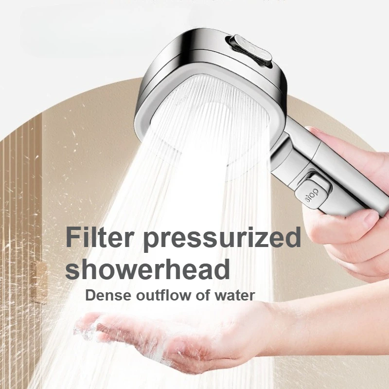 

Серебряная электролитически-покрытая душевая лейка с турбонаддувом, мягким плотным распылением, фильтрацией и кнопкой остановки воды, роскошная ручная душевая система