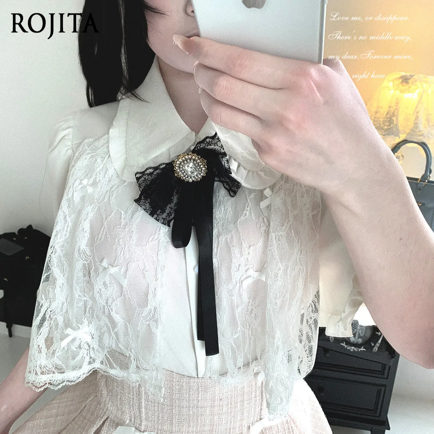 

Japanese Harajuku Lolita Style Coquette Lace Cape Blouse Sweet Peter Pan Collar Short Sleeve Shirt with Bow for Women