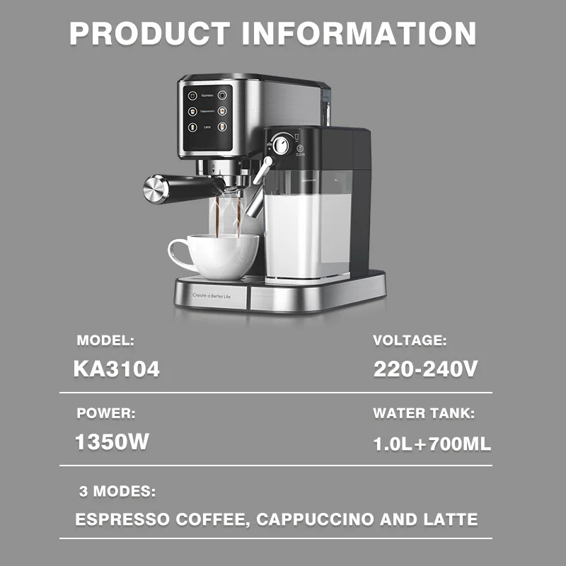 Machine à expresso semi-automatique, petite machine à café domestique, mousse de lait, bureau, acier inoxydable 1350, 3 modes, agre3104, 304 W