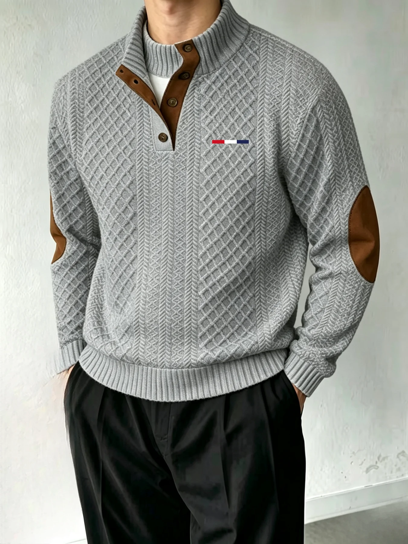 Herren Strickpullover mit Stehkragen, halber Knopfleiste, Ärmelbündchen und strukturierter Oberfläche, Herbst-Winter Freizeitpullover – Detail 4
