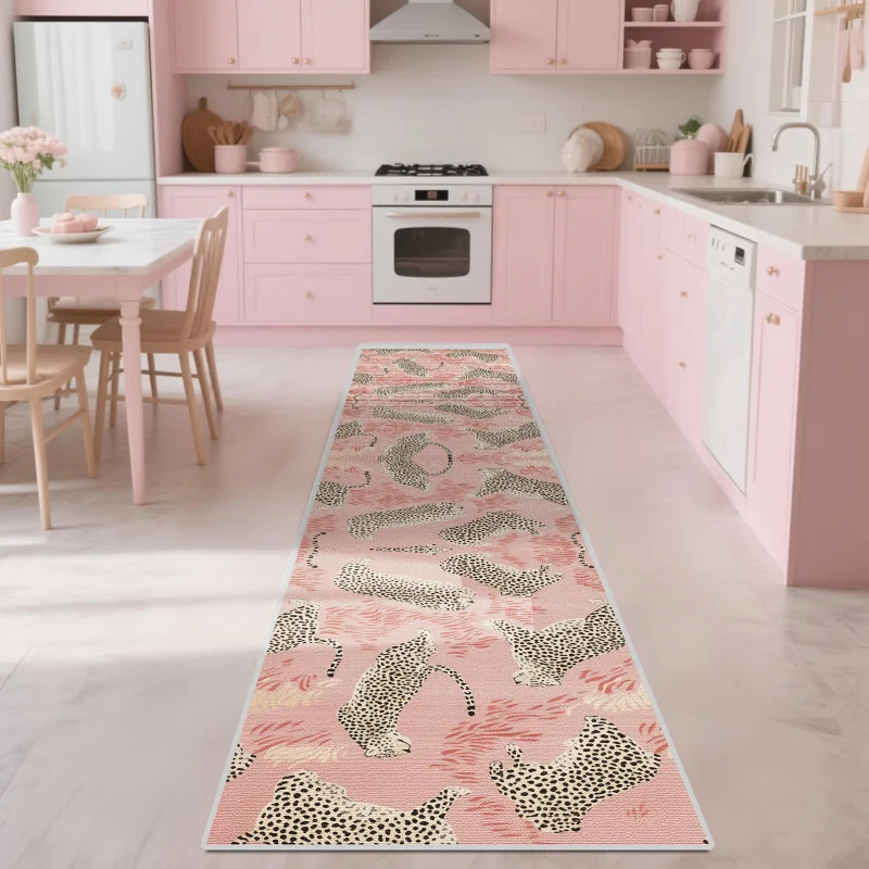 

Коврик VIKAMA с розовым леопардовым принтом, простой в уходе, для прихожей, спальни, кухни и балкона, нескользящий, для домашнего декора