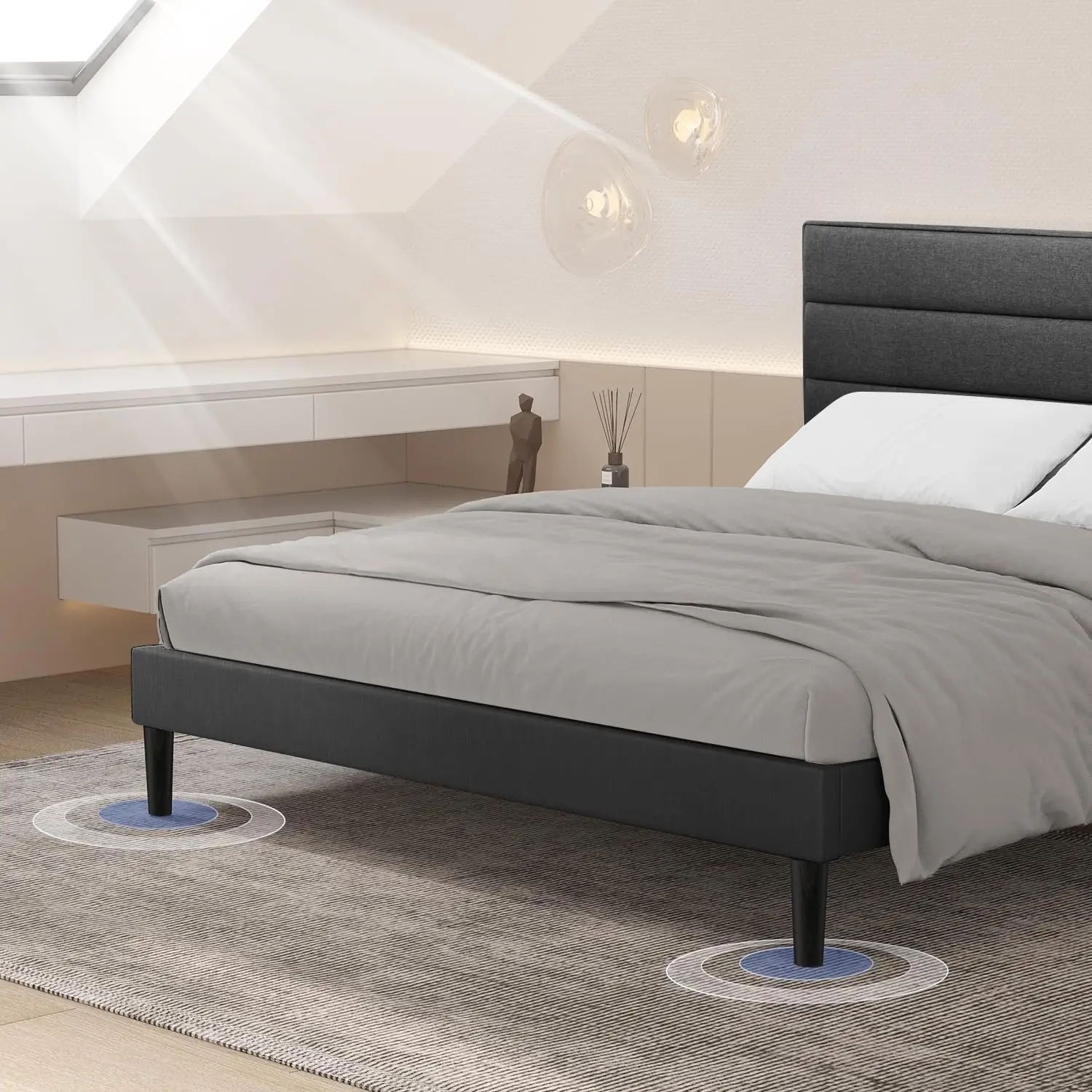 Modern Low Profile Upholstered Bed Frame with Tufted Headboard