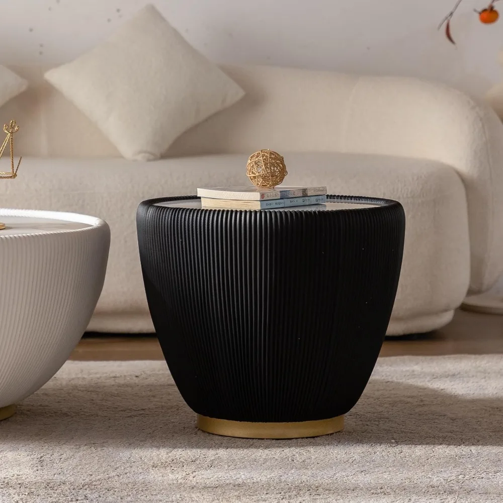 Tavolino da caffè moderno a forma di tamburo con piano in pietra sinterizzata e lato scanalato in pelle PU da 19,7 pollici