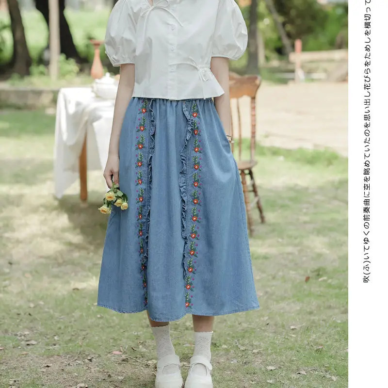 Mori Girl Style Vintage Flower Embroidery Skirt for Women Summer Elastic High Waist Loose A-Line Japanese Retro Loose Long Skirt