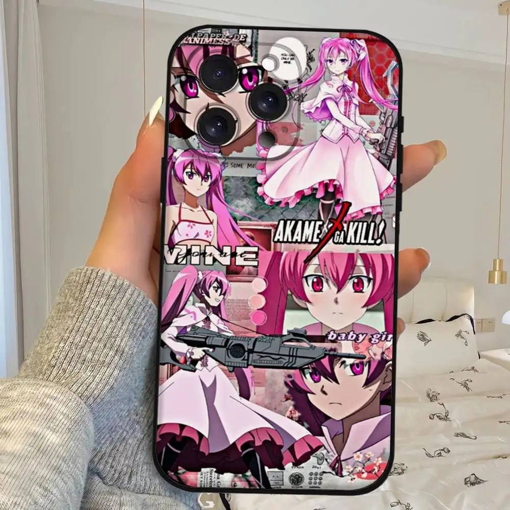 حافظة هاتف أنيمي Akame Ga Kill غلاف أسود لهاتف آيفون 17/16/15/13/14 Pro Max/ 11 Plus/X/Xr/Xs Max/12 نماذج متوافقة صغيرة