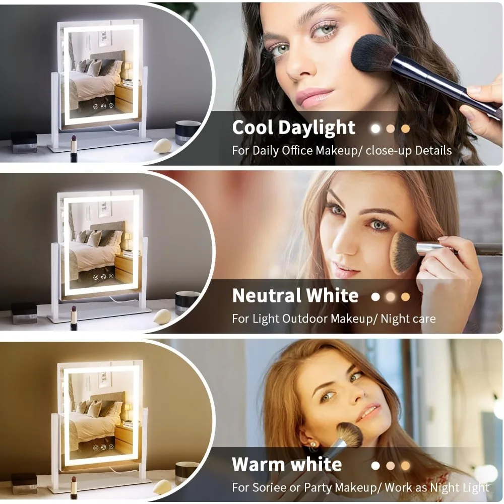 3가지 색상 모드, 터치 컨트롤, 360도 회전 기능을 갖춘 LED 메이크업 거울 °   책상 화장대용 회전