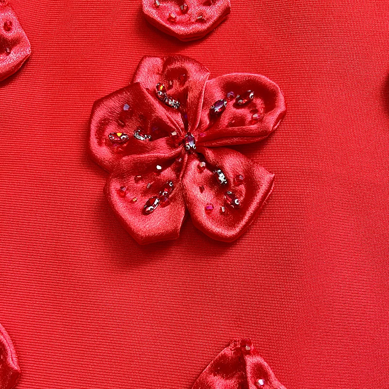 BEWQ แฟชั่นผู้หญิงสง่างามผ้าพันแผลชุดการเย็บปะติดปะต่อกันดอกไม้ 3 มิติเอวสูงชุดราตรี 2025 ฤดูใบไม้ร่วงใหม่