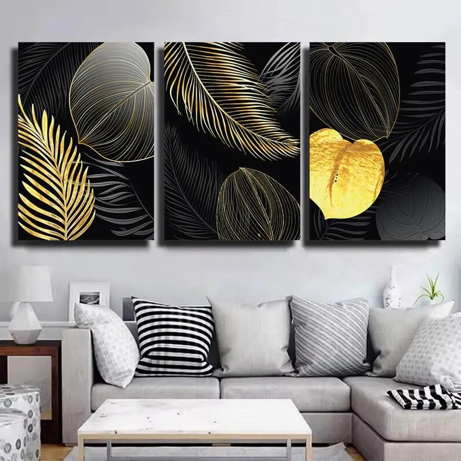 

Золотые черные листья, большой размер, сделай сам, алмазная живопись, триптих, растение, полная квадратная круглая мозаика, вышивка, фотографии, 3 шт./компл.