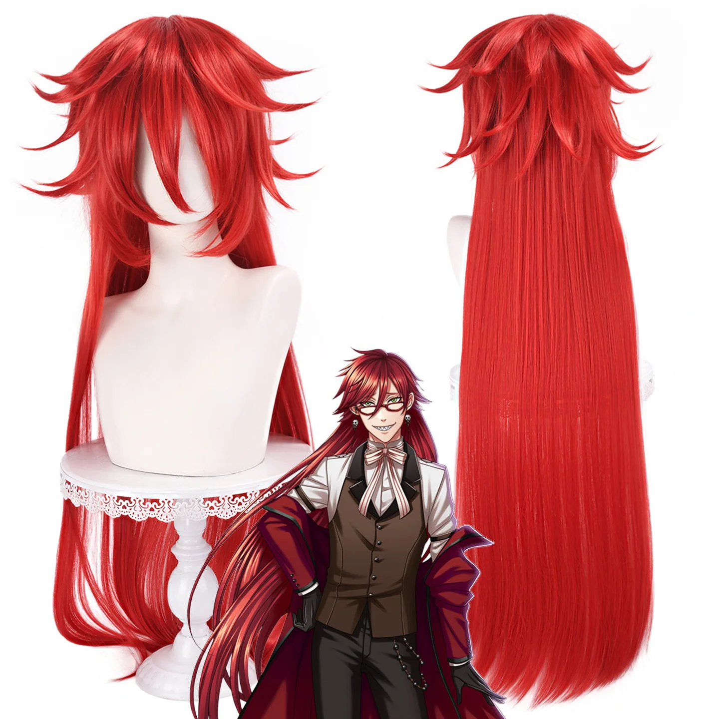 Grell Red Upturned Long Straight Cosplay Wig Heat Resistant Synthetic Anime Wig