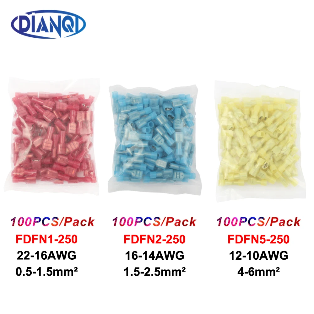 DIANQI FDFN2-250 FDFN2.5-250 NYLON brass Female Insulated Spade joint Cable Wire Connector 100PCS suit 1.5-2.5mm2 16-14AWG FDFN