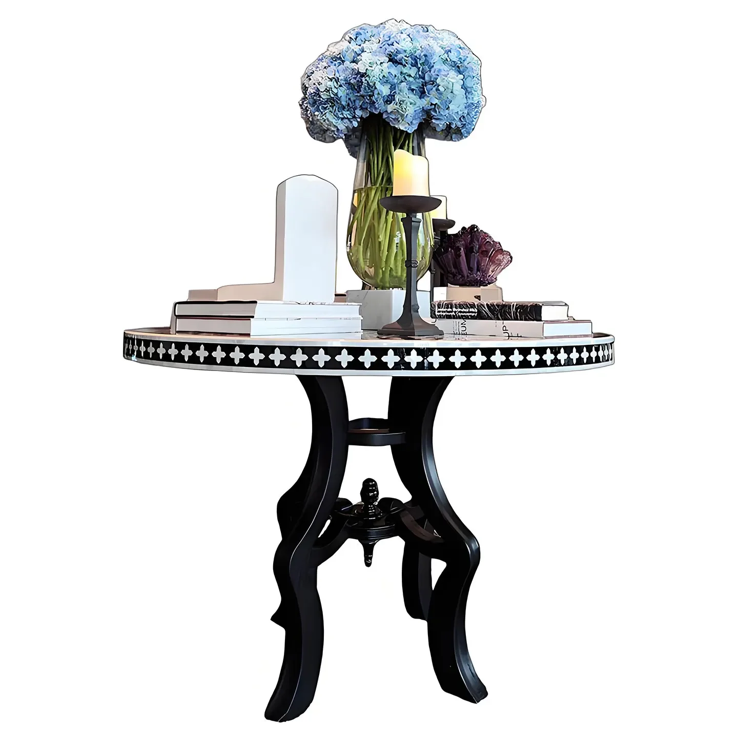 Mesa de jantar redonda de madeira maciça H5.26, estilo luxo leve, mesa de jantar, suporte de exposição para lobby, mesa de centro pintada.