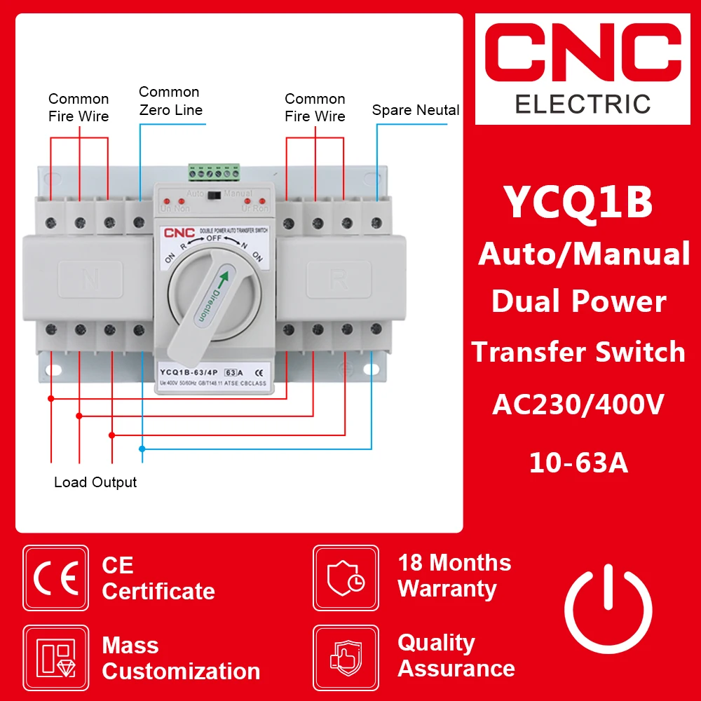 CNC Dual Power Automatic Transfer Switch AC230V 4P 63A 50/60Hz MCB  Auto/Manual Switching Circuit Breakers