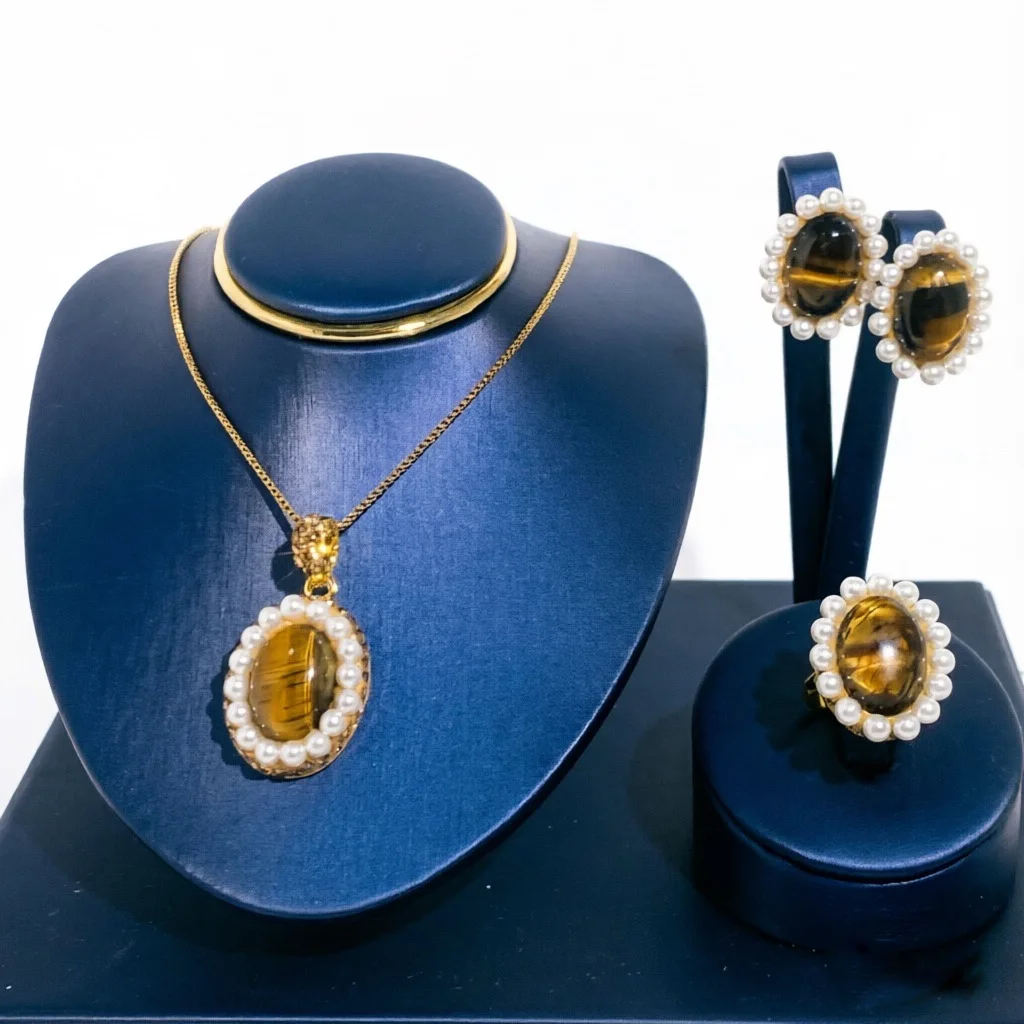 Vintage Delicate Pearl Jewelry Set Oval Tiger Eye Stone Pendant Necklace Pearl Earrings Ring Women Party Fashion Accessories