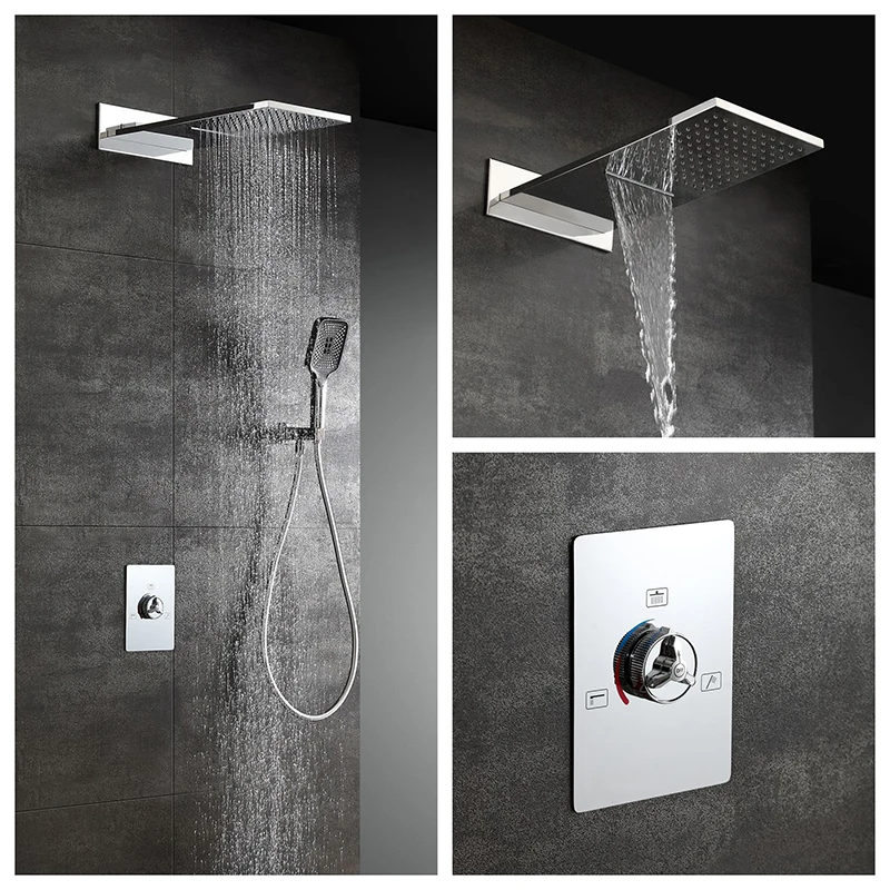 Chrome-Colored Bathroom Shower System Three-Function Rain/Waterfall Shower Set Brass Concealed Hot and Cold Water Valves