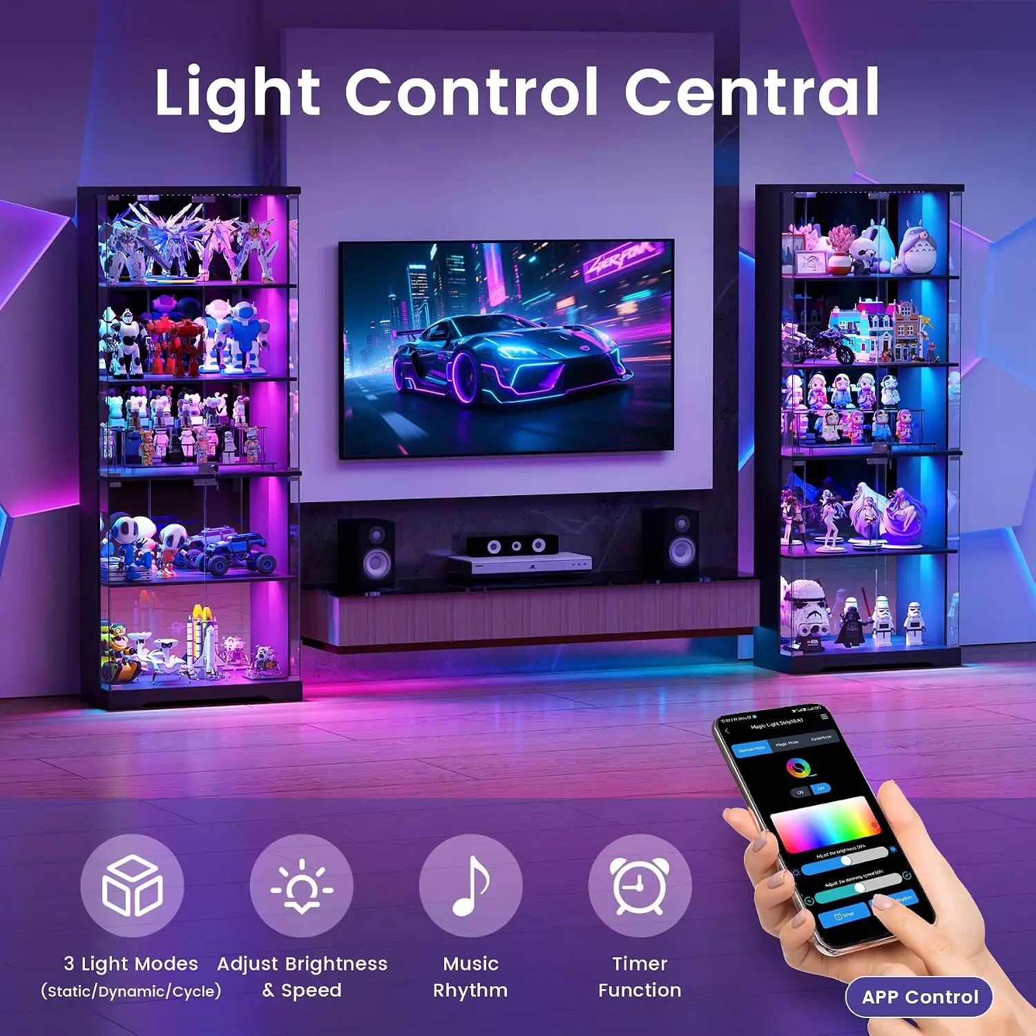 Glass Display Cabinet with Doors and RGB LED Lights | 69" Tall Curio Cabinet, 5-Tier Wooden Shelves, Lockable Display, Custom view 3