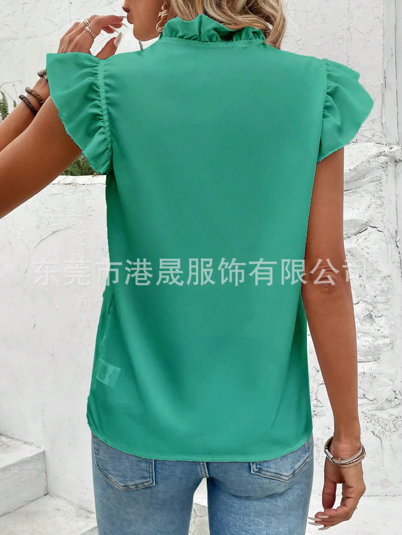 Summer White Top Blouses Women Fashion V Neck Sleeveless Rufffles Office Elegant Casual Tops Shirts Female Holiday Green Shirt