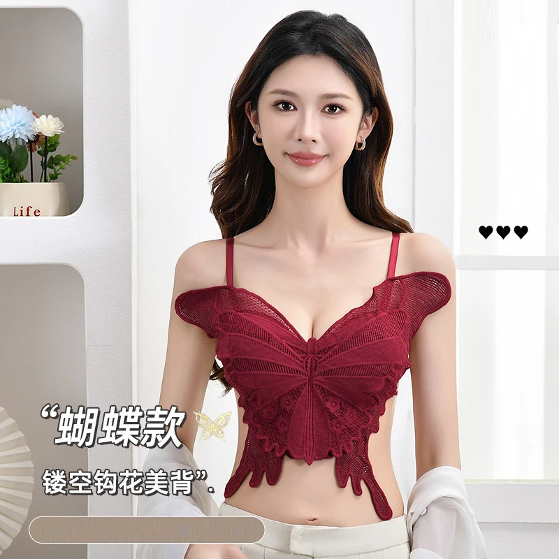 

Butterfly shaped Lace Bras Women Sexy Beach Crop Top Hollow-out Bralette Female Underwear Backless Chest Wrap Padded Brassiere