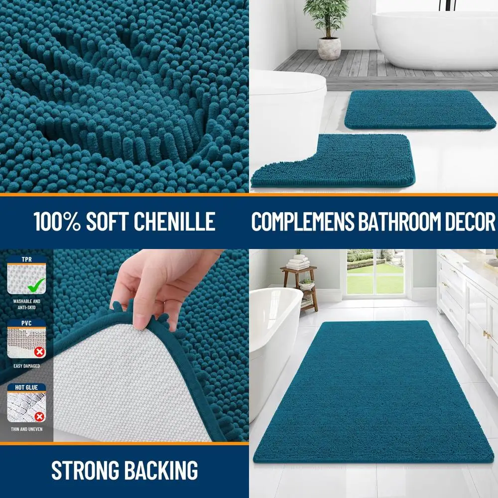

Luxurious 70x46 Chenille Bath Mat with Rubber Backing, Quick-Dry, Machine Washable, Peacock Blue