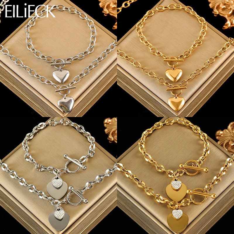 

EILIECK 316L Stainless Steel Heart Love Pendant Necklace For Women Trendy Gold Silver Color Waterproof Neck Chain Jewelry Gift