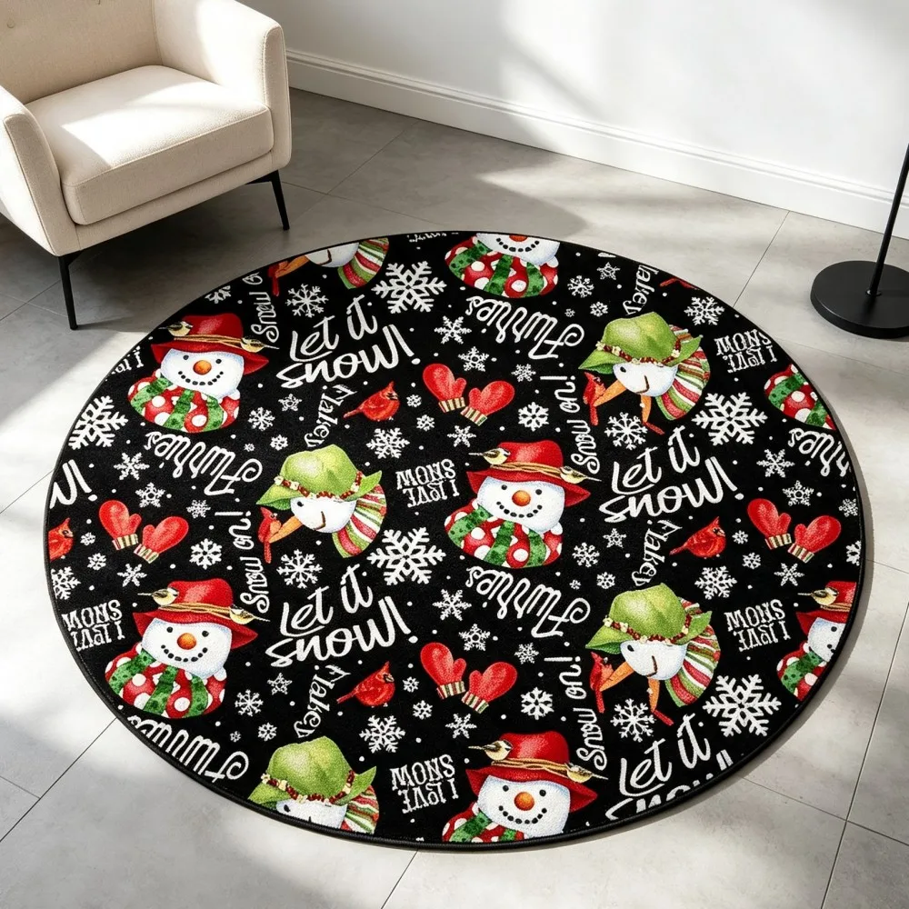 White Poinsettia Round Area Rug Red Rose Flower Circular Floor Mat Green Pine Needle Winter Carpet for Cloakroom Study