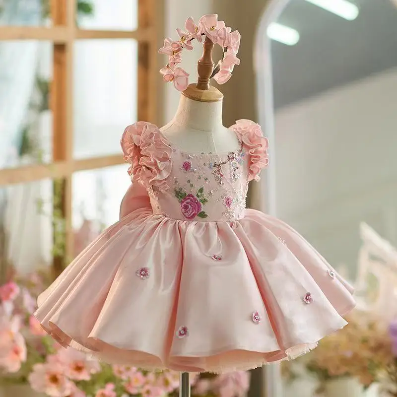 فستان جديد لعيد الميلاد لعام 2026 بفيونكة للأميرة للفتيات الصغيرات بأكمام منتفخة وردية لأداء البيانو فستان الاحتفال بعمر سنة واحدة #3