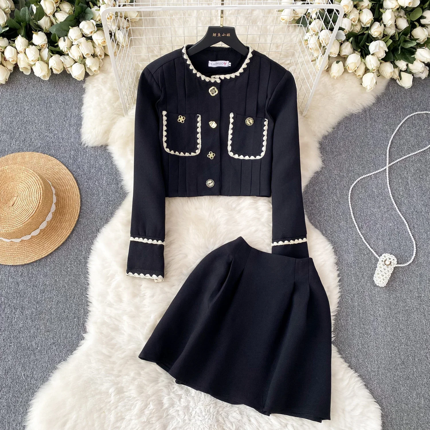 Chic Two-piece Sets Sweet O-Neck Long Sleeve Single Breasted Basics Coat Vintage A-line Skirt High Street Women Autumn Clothing