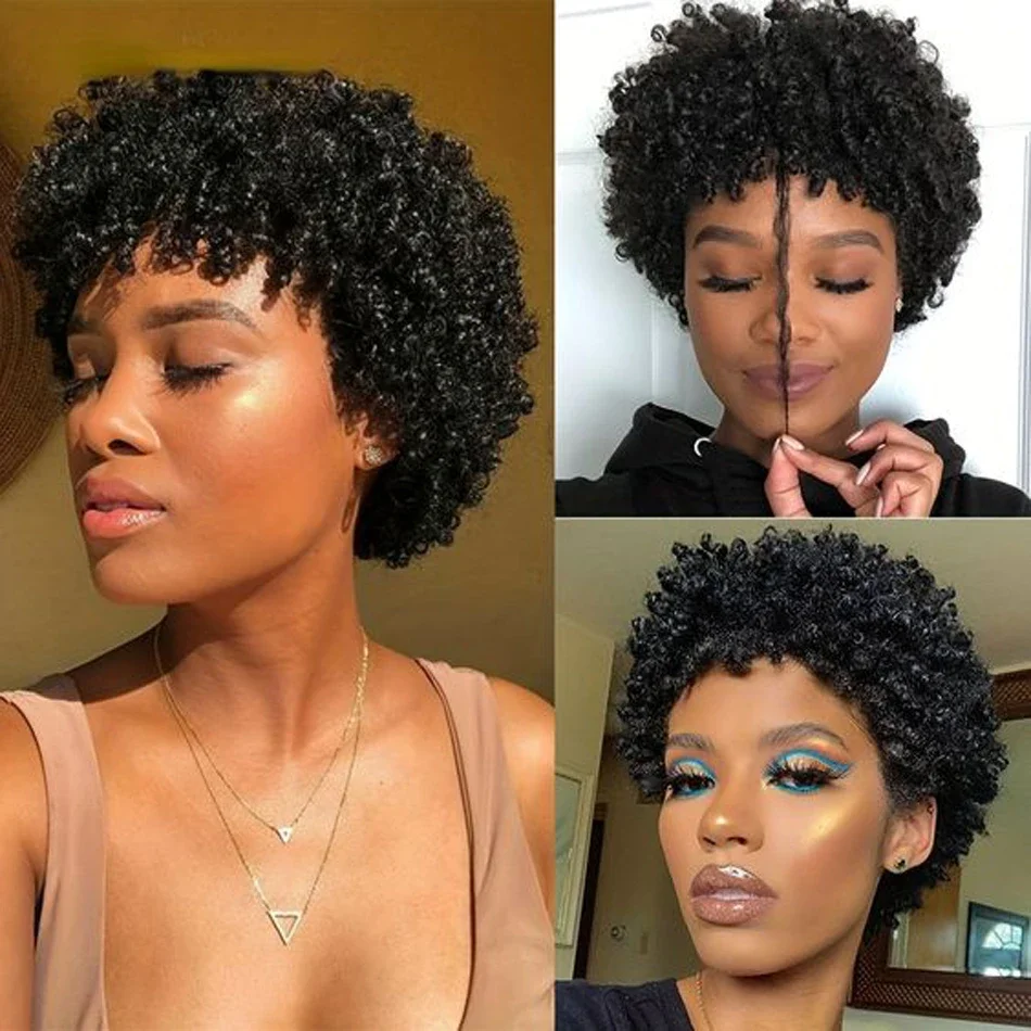 

100% Human Hair Wigs 4 inch Afro Kinky Curly Style Cheap Full Machine Made Wig For Black Women Black Curly wig Pixie Cut Wig