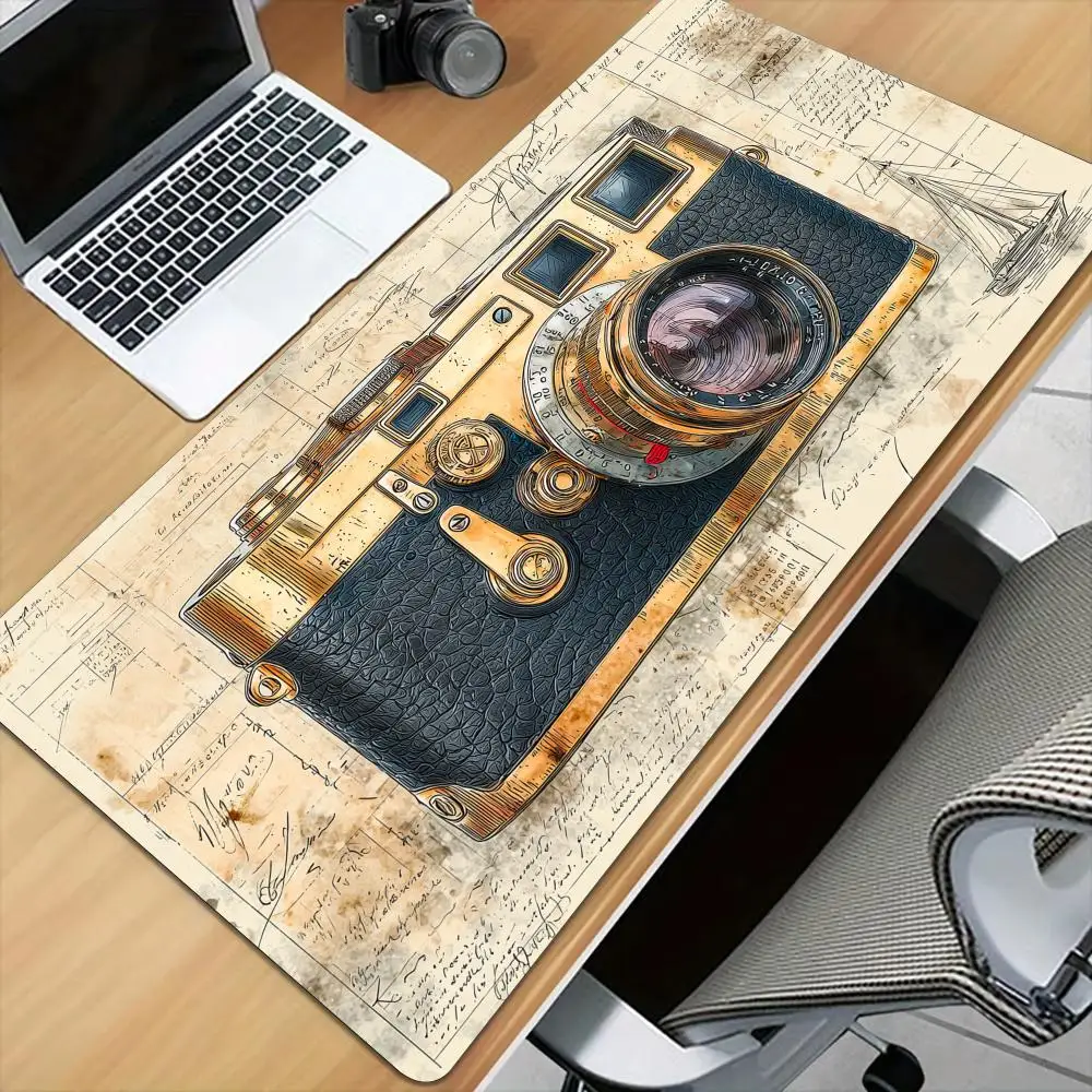 Retro film camera blueprints Mouse Pad Desk Mat with Stitched Edge XXL Mousepads Rubber Anti-slip Gamer Keyboard Rug Gaming Mats