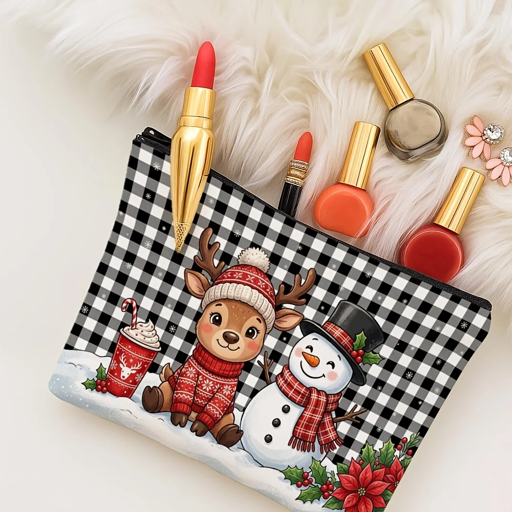 Christmas Reindeer Snowman Makeup Bag Buffalo Plaid Xmas Print Cosmetic Pouch Travel Storage Holiday Gift