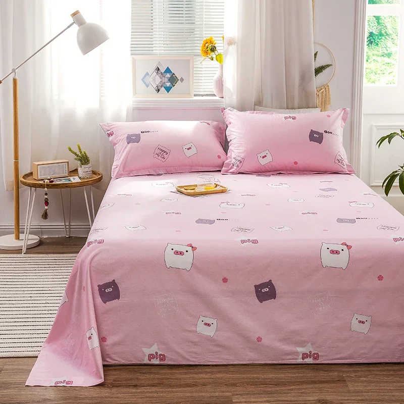 Kawaii Cartoon Pig Flat Sheet Twin Queen for Boy Girl Teen Room Decor Pink Bed Sheet Set 100% Cotton Bed Cover with 2 Pillowcase