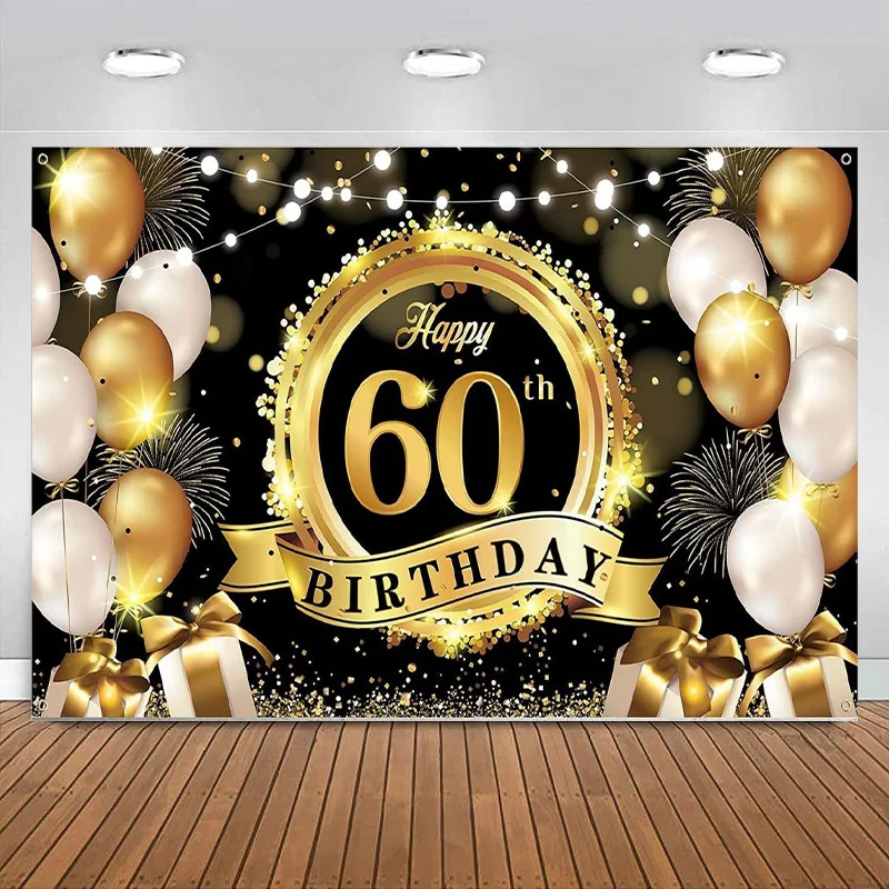 

Happy 60th Birthday Decoration Backdrop Banner Black Gold white balloon Poster Photography Background Party Decorations Supplies