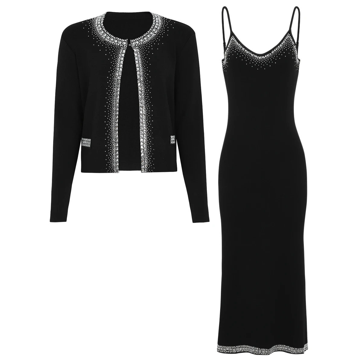 

26102 Fashion Summer Autumn Women Two Piece Outfit, Sparkling Hot Diamond Knitted Top With Strap Long Dress Commute Wear