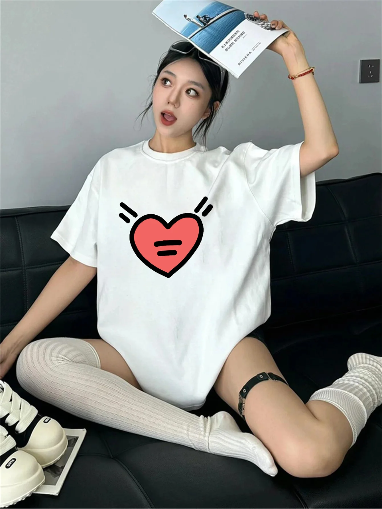 Casual T-shirt met korte mouwen voor dames met schattig hartpatroon Harajuku-stijl Kleding met korte mouwen Streetwear Esthetische kleding