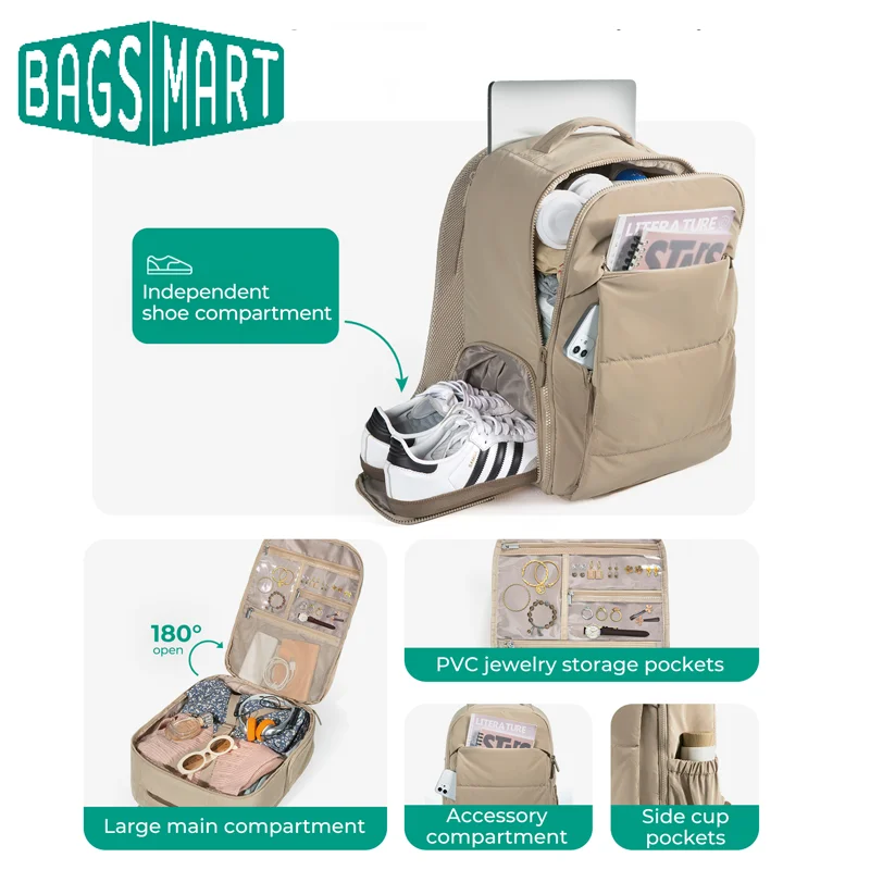 

Рюкзак для ноутбука BAGSMART 15,6 дюймов, 30 л, ручная кладь с отделением для обуви, легкая деловая дорожная сумка для самолетов