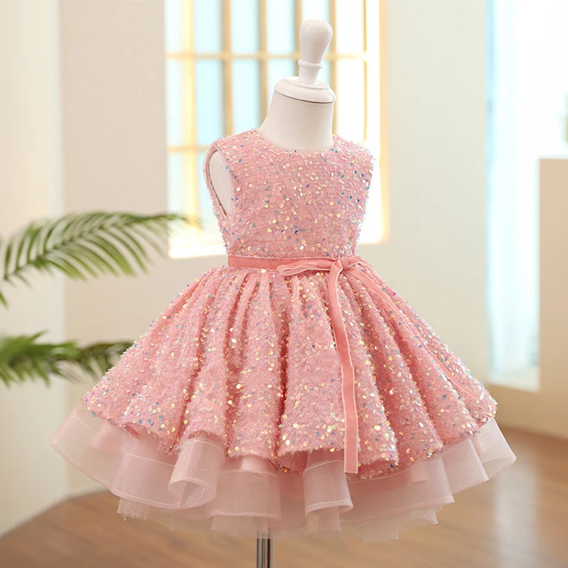 Flower Girl Elegant Gala Pink Dresses for Weddings Prom Pageant Fluffy Short Evening Gown Children Eid Luxury Sequin Party Dress